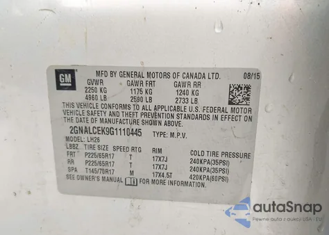 2016 Chevrolet Equinox Lt z USA, uszkodzony, nr VIN 2GNALCEK9G1110445